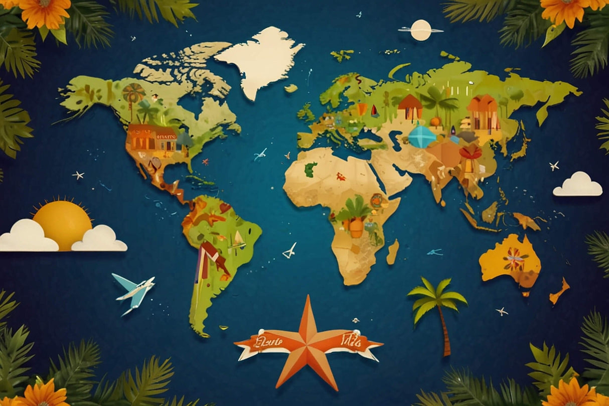 World Map Wallpaper design file showing detailed educational illustrations and vibrant colors