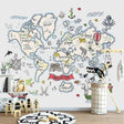 World map wallpaper bringing educational fun to a bright modern playroom with kids exploring continents and animals
