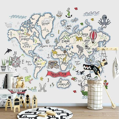 World map wallpaper bringing educational fun to a bright modern playroom with kids exploring continents and animals