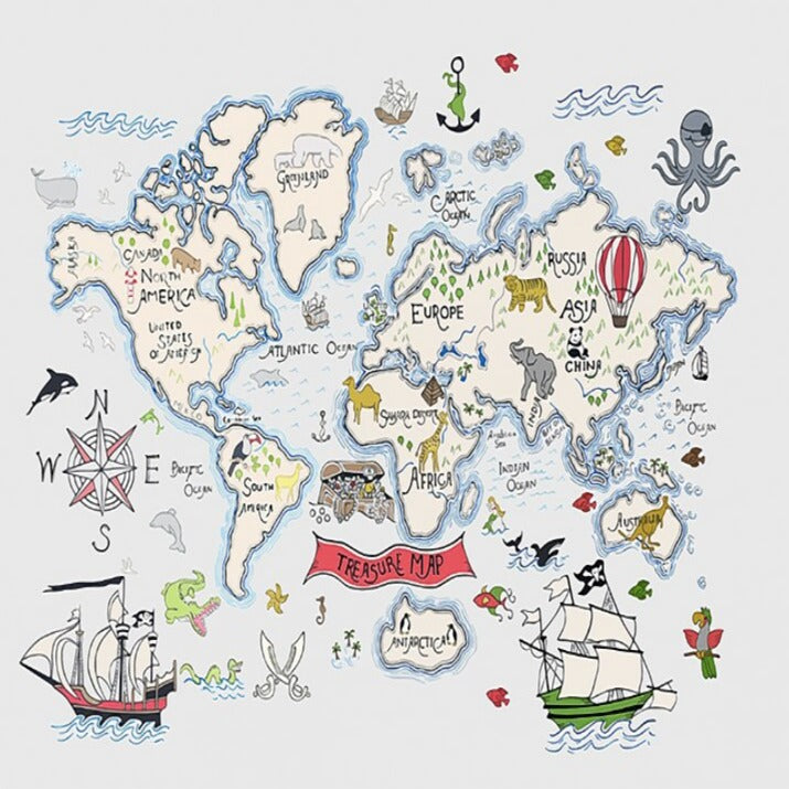 Adventure map mural making a statement in a modern children's library room