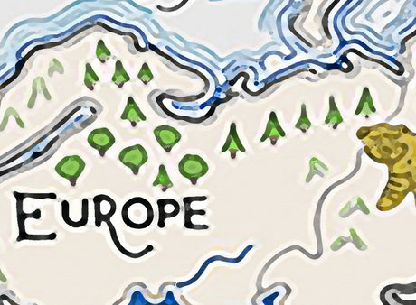 World Map Treasure Hunt design file showing detailed continents, animals, and adventure elements