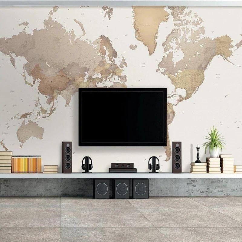 Beige World Map Mural creating a focal point in a contemporary living room setting