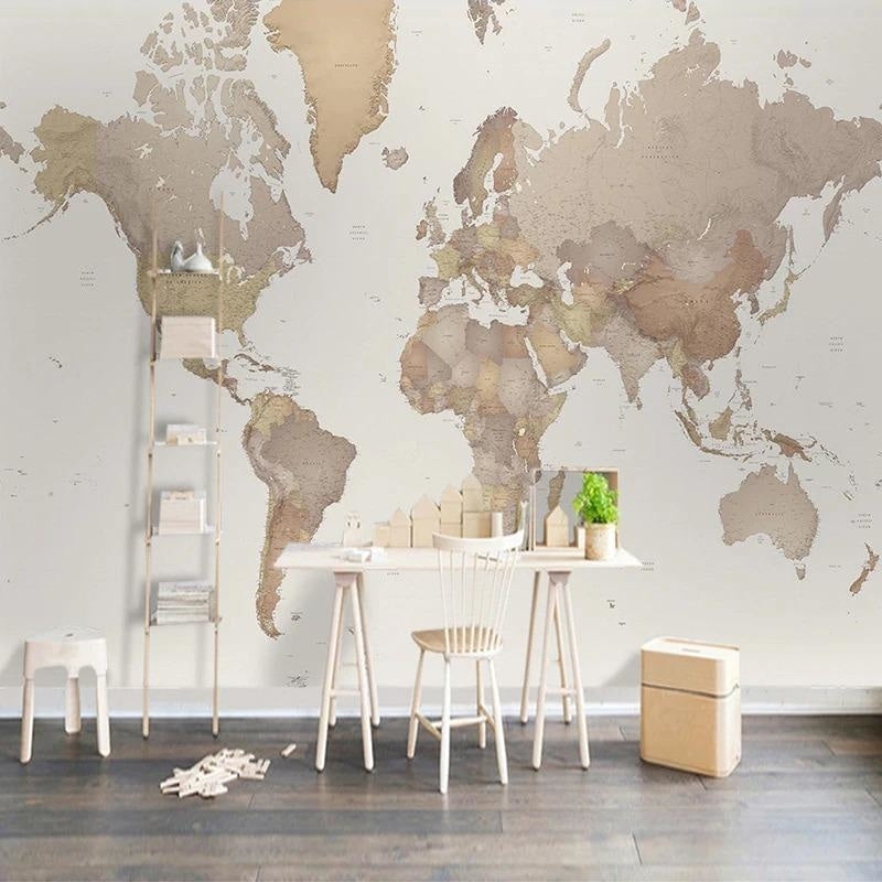 Detailed World Map Wall Mural showcased in a minimalist bedroom environment