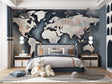 World map wallpaper in modern home office with desk and chair, navy blue and white design creating professional atmosphere