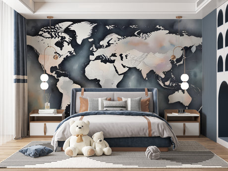 World map wallpaper in modern home office with desk and chair, navy blue and white design creating professional atmosphere