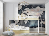 Kids bedroom featuring educational world map wallpaper in navy blue, perfect for learning and decoration