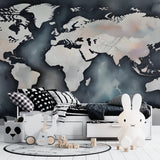 Study room with navy blue world map wall mural, showcasing detailed continents and watercolor effect