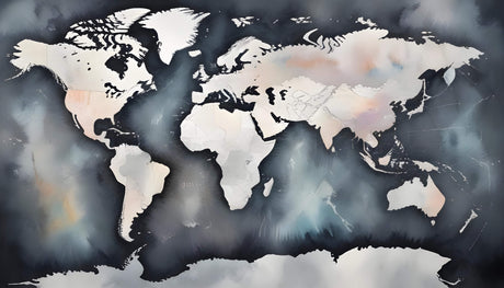 World map wallpaper design file showing detailed continents and navy blue watercolor pattern