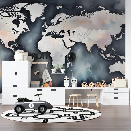 World Map Wallpaper in modern home office with navy blue watercolor design creating professional atmosphere