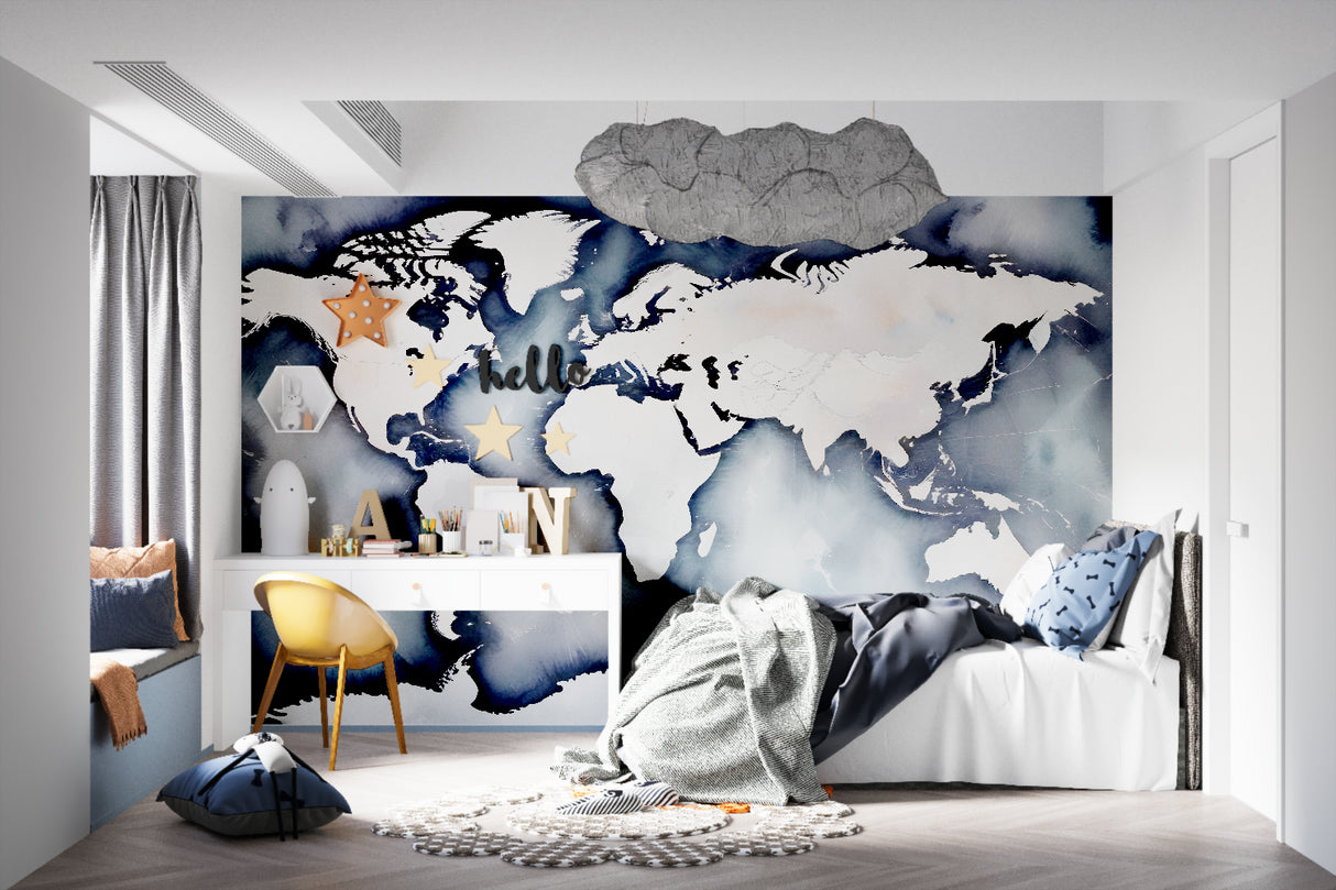 Navy blue World Map Mural in living room showing detailed watercolor continents against white furniture