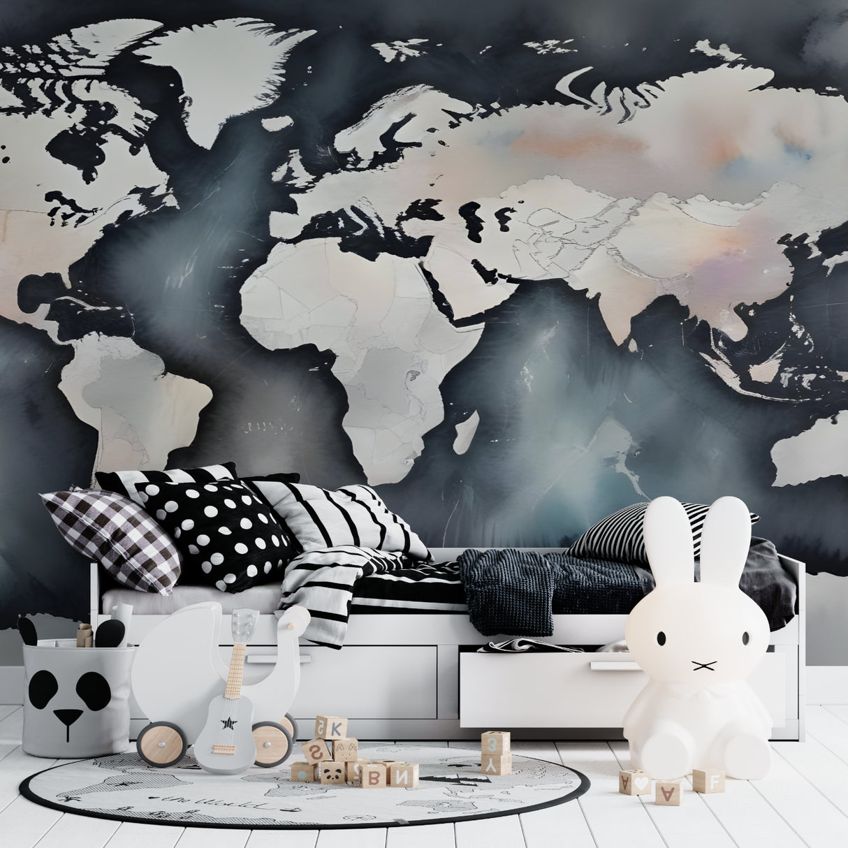 Watercolor World Map Wallpaper bringing sophisticated style to dining room with navy blue tones