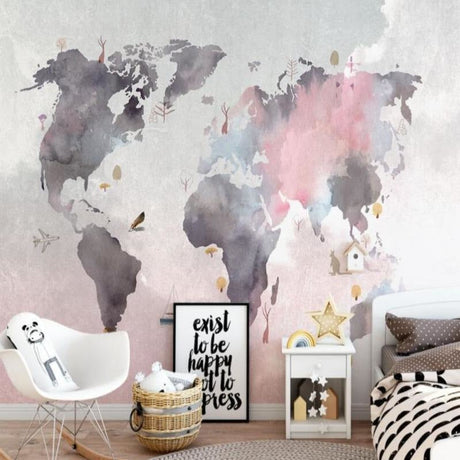 Pink and grey world map wallpaper creating a dreamy atmosphere in a modern child's bedroom