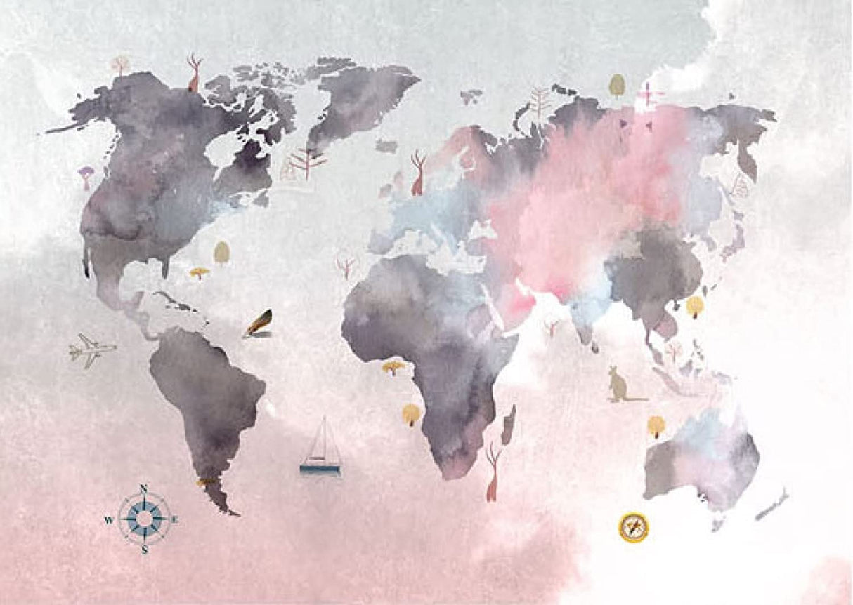 World map wallpaper design file showing detailed watercolor continents on pink background