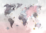 World map wallpaper design file showing detailed watercolor continents on pink background