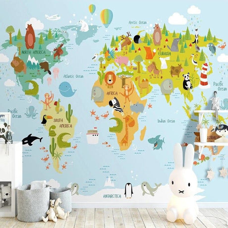 World map wallpaper with animals bringing education alive in a bright kids bedroom, inspiring curiosity