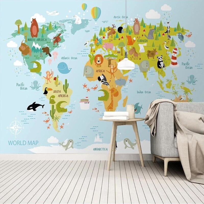 World map with animals bringing geographic learning to life in a school room
