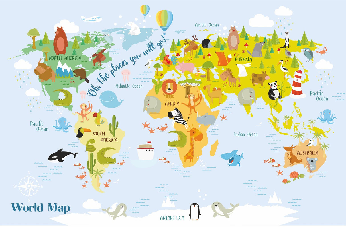 World map wallpaper design file showing detailed animal illustrations and educational elements