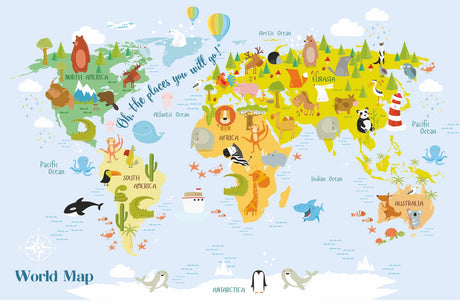 World map wallpaper design file showing detailed animal illustrations and educational elements