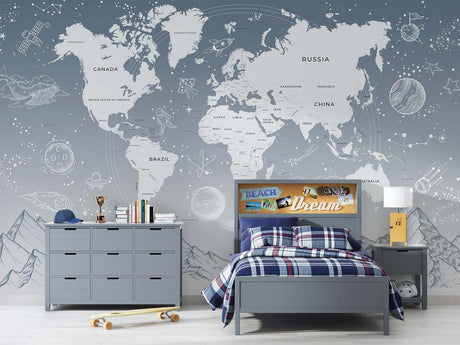 World map educational wallpaper in modern kids bedroom showing planets and constellations