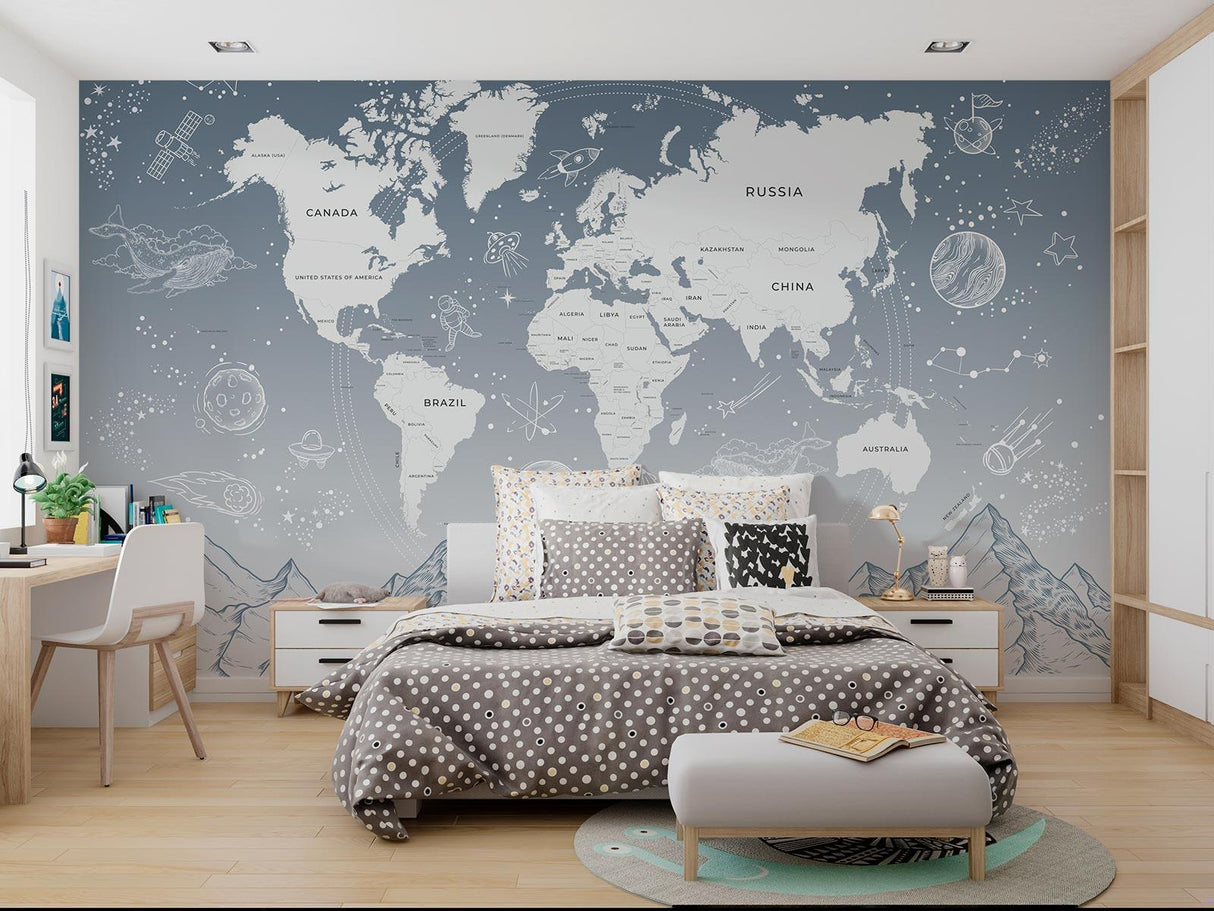 Educational map mural displayed in home office with space elements