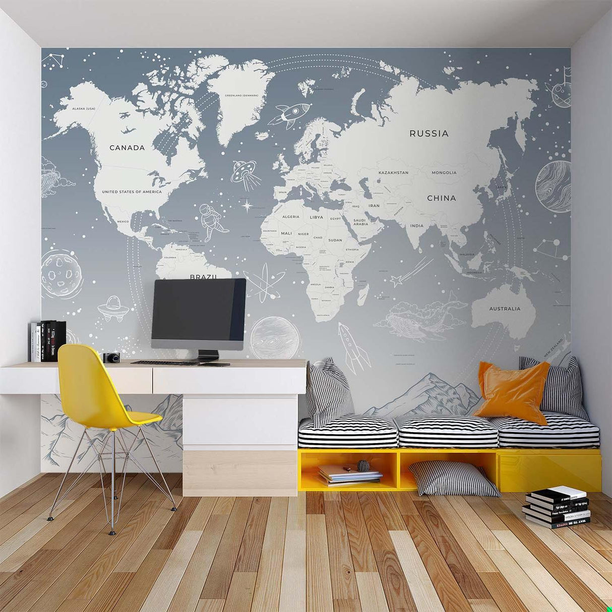 Space-themed world map mural in playroom setting