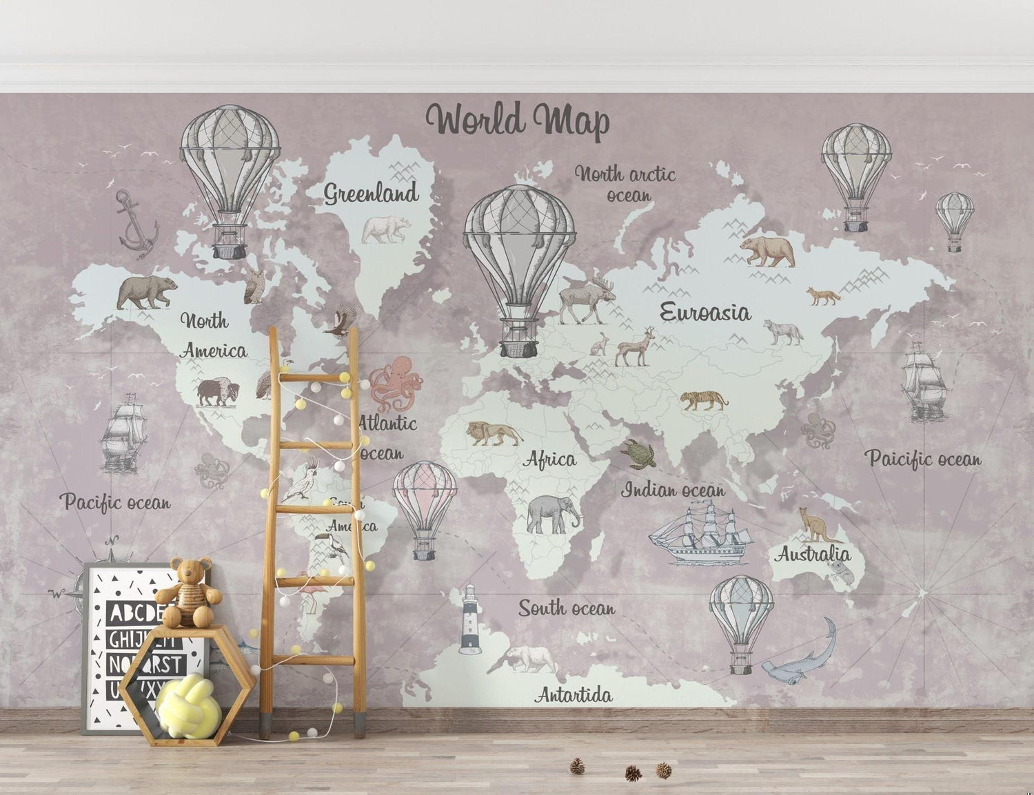 World map wallpaper mockup in bright study room showing detailed continents and floating hot air balloons