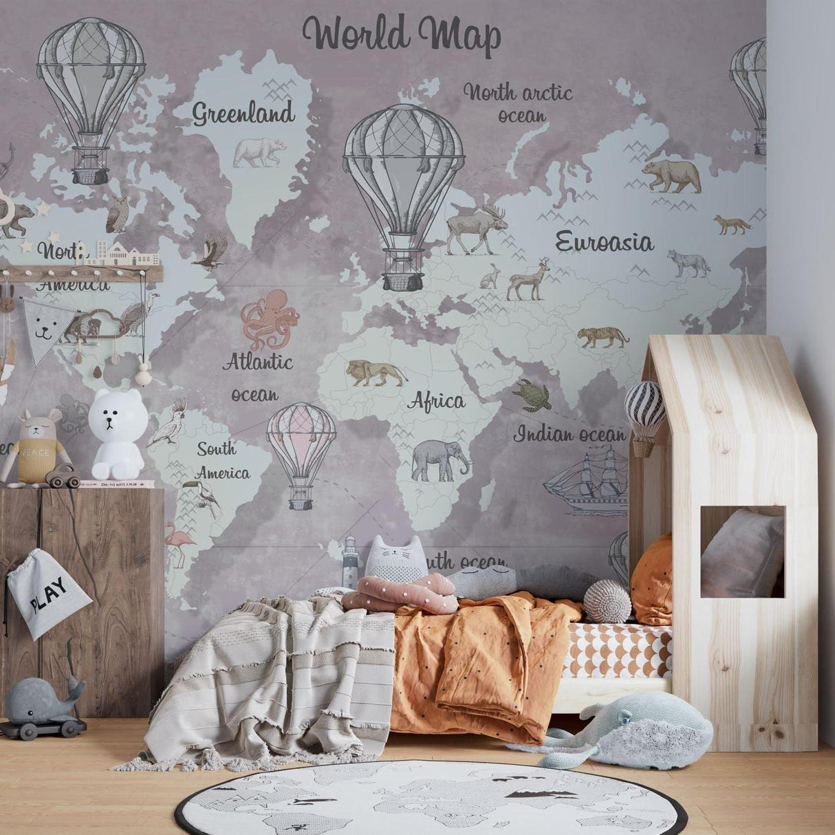 Educational world map mural displayed in modern playroom with gentle mauve and beige tones