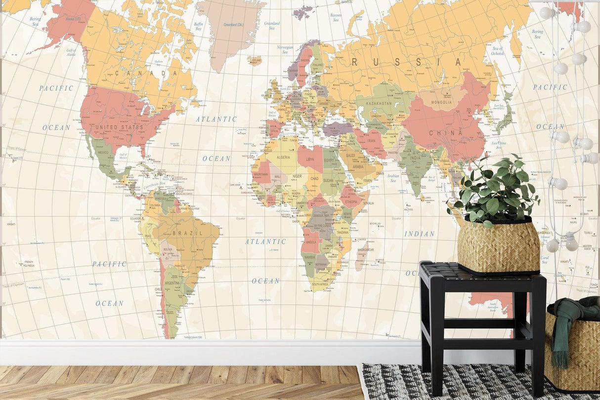 World Map Wallpaper creating an inspiring home office backdrop with soft pastel colors and vintage styling