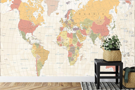 World Map Wallpaper creating an inspiring home office backdrop with soft pastel colors and vintage styling
