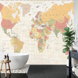 Vintage World Map Mural in a bright kids study room showing detailed geographic features
