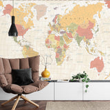 Pastel World Map Wallpaper adding sophistication to a modern living room setting