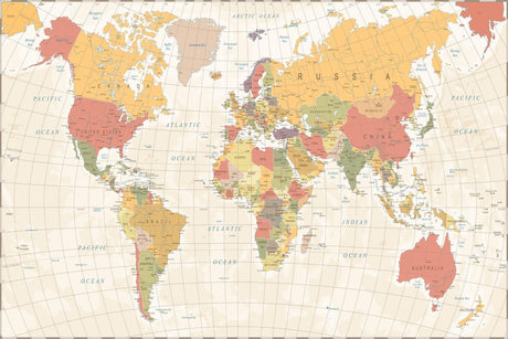 World Map Wallpaper design file showing detailed vintage cartographic pattern in soft pastel colors