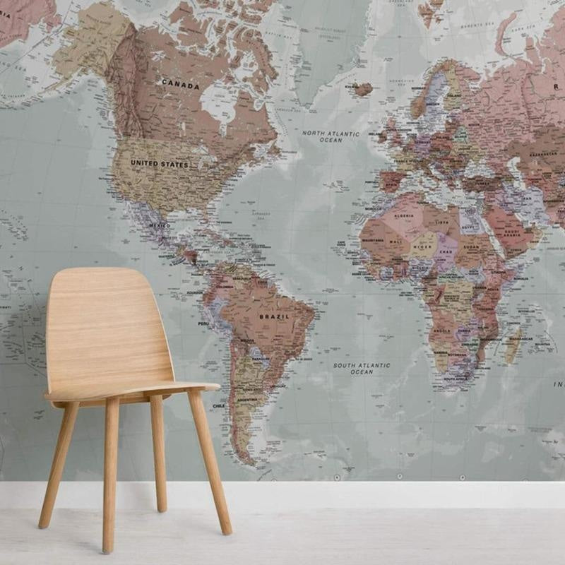 Educational World Map Mural in child's study room with reading nook