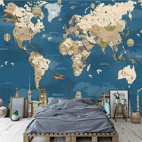World Map Wallpaper in modern home office with desk and leather chair, vintage travel design adding global flair