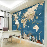 Vintage World Map Mural in study room with bookshelf, perfect educational backdrop