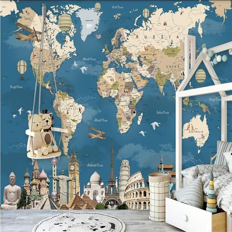 Travel Landmarks Map Wallpaper in living room setting with mid-century furniture