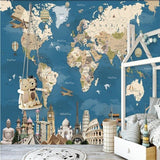 Travel Landmarks Map Wallpaper in living room setting with mid-century furniture
