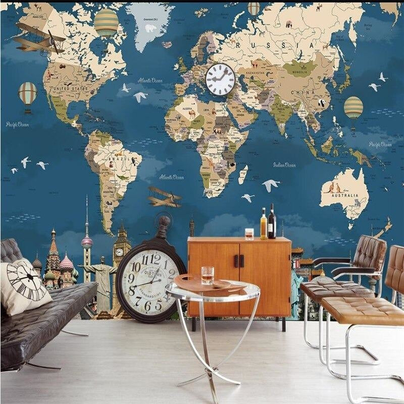Vintage Map Wallpaper in dining room, creating sophisticated travel atmosphere