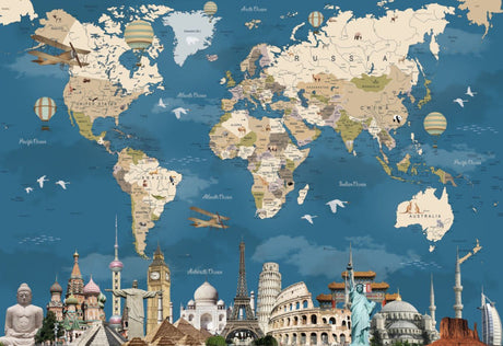 World Map Wallpaper design file showing vintage travel landmarks and detailed cartographic elements