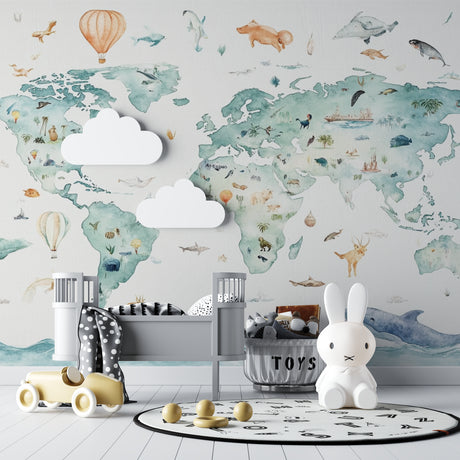 World map wallpaper with watercolor animals in bright modern nursery, creating an educational play space