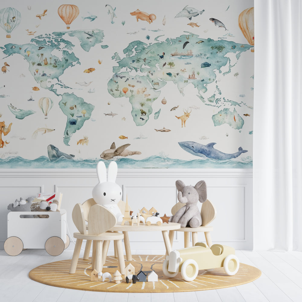 Kids bedroom featuring educational world map mural with playful watercolor animals