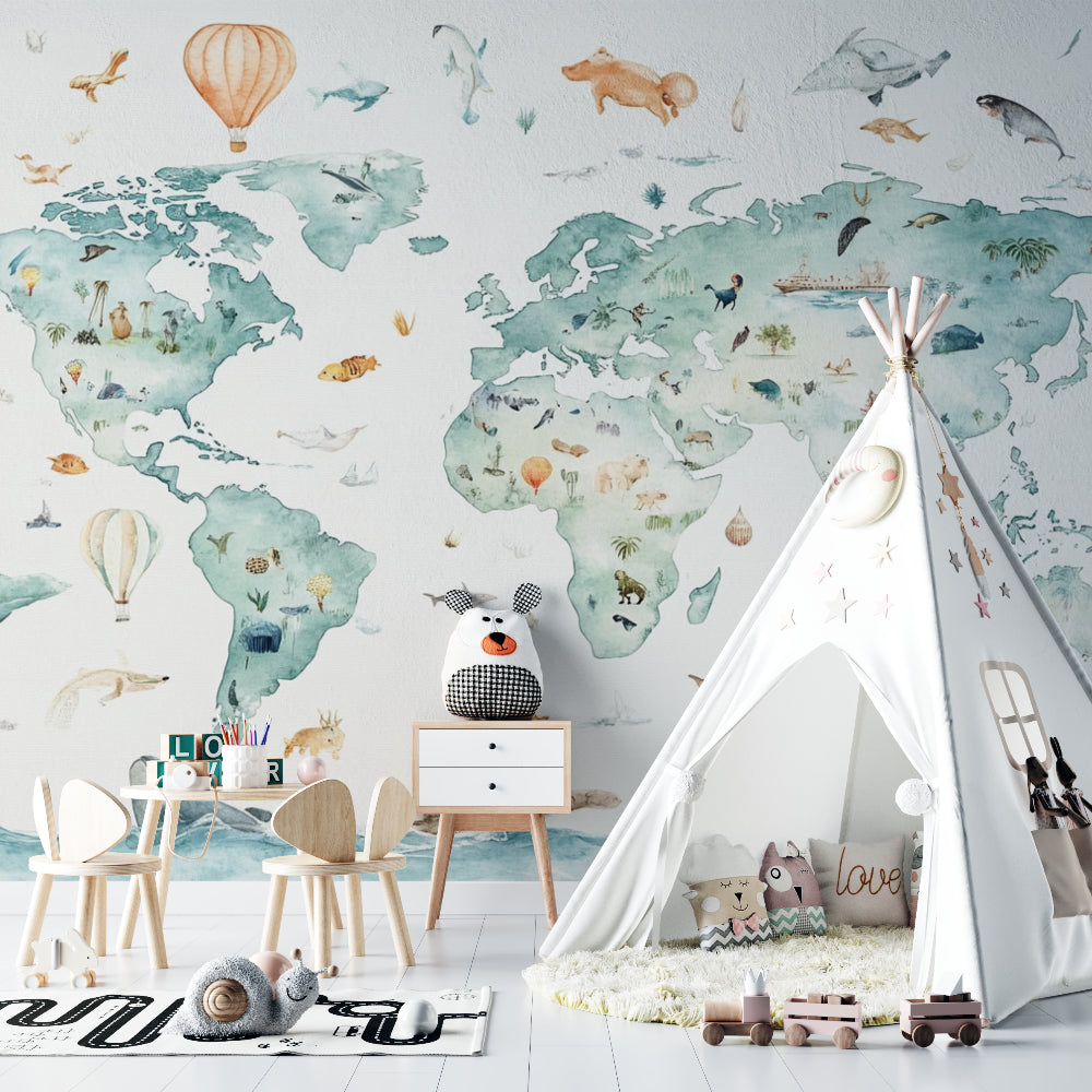 Study area with world map mural wallpaper featuring watercolor animal illustrations
