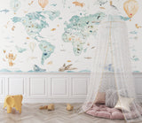 Reading corner enhanced by educational world map wallpaper with cute animals
