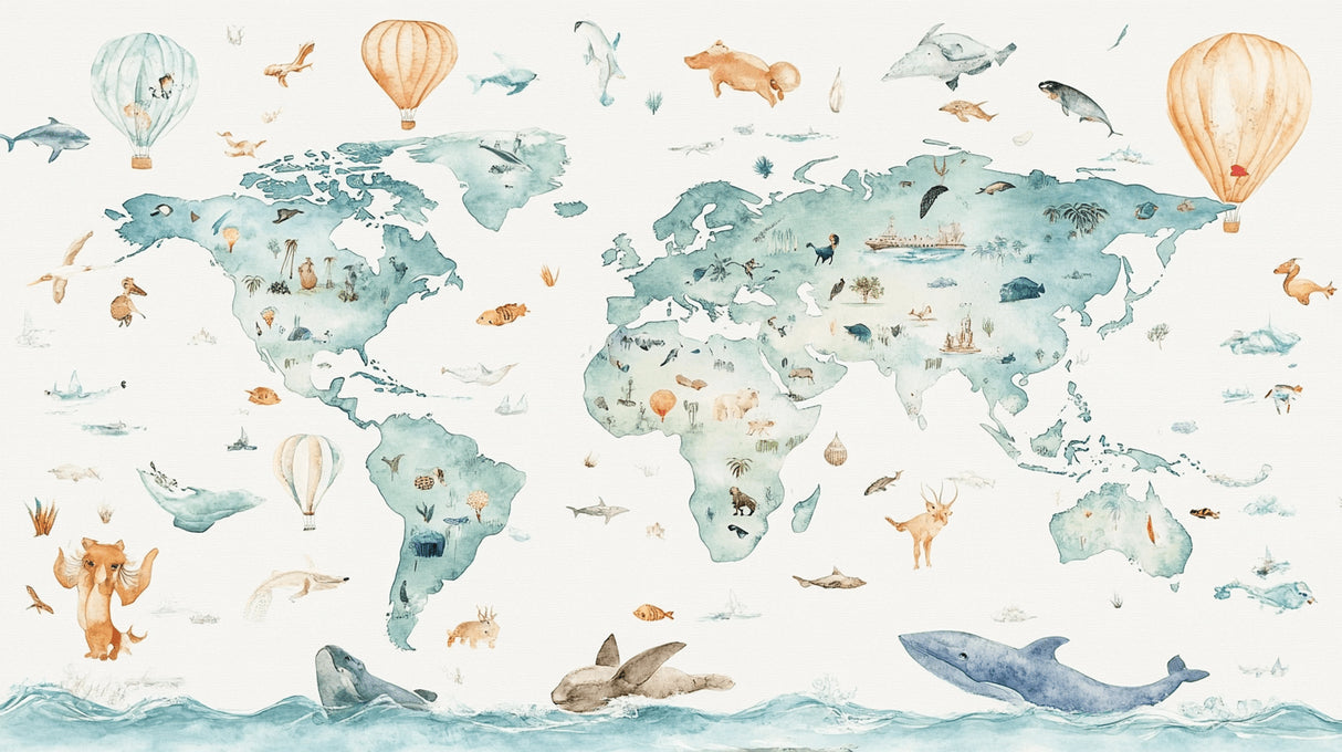 Design file of world map wallpaper pattern showing detailed watercolor animals and continents