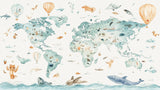 Design file of world map wallpaper pattern showing detailed watercolor animals and continents