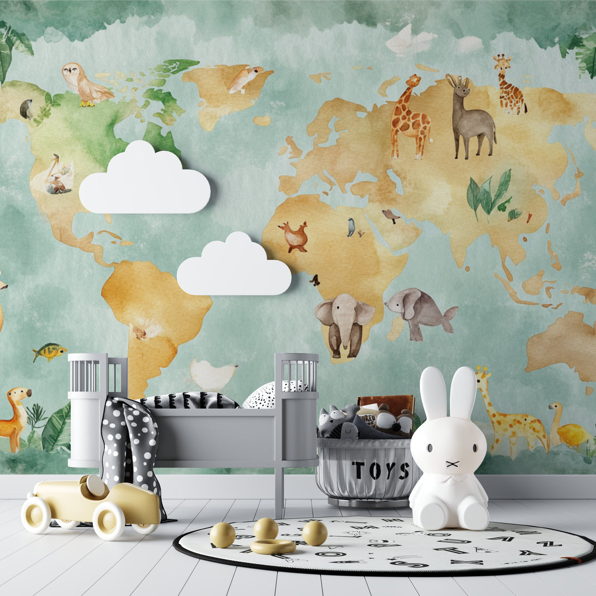 Educational world map mural featuring watercolor animals in a child's study room