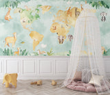 Safari animal world map wallpaper creating a playful atmosphere in a kids bedroom