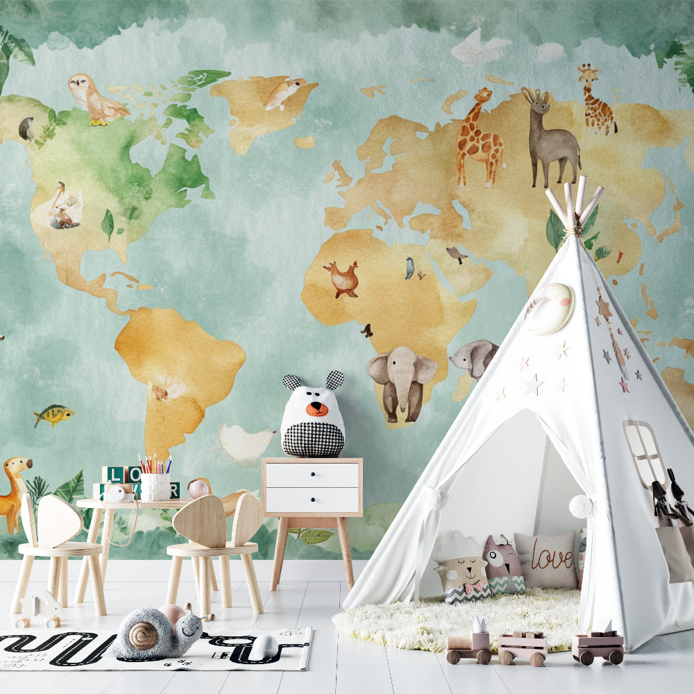 World map with animals wallpaper displayed in a bright homeschool classroom