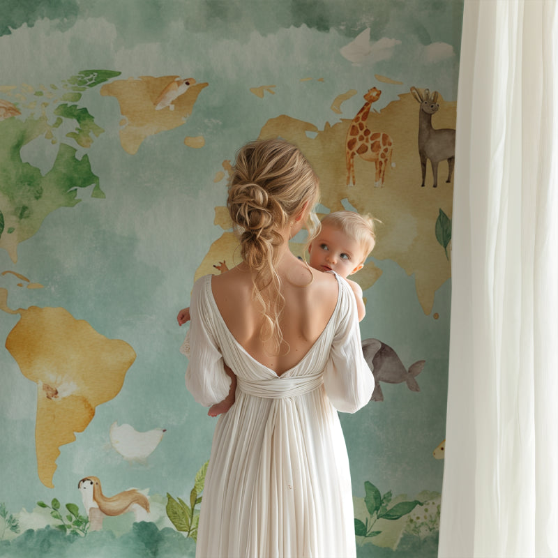 Educational map mural with watercolor wildlife bringing warmth to a playroom