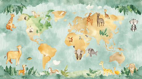 Design file of world map wallpaper showing detailed watercolor animals and golden continents